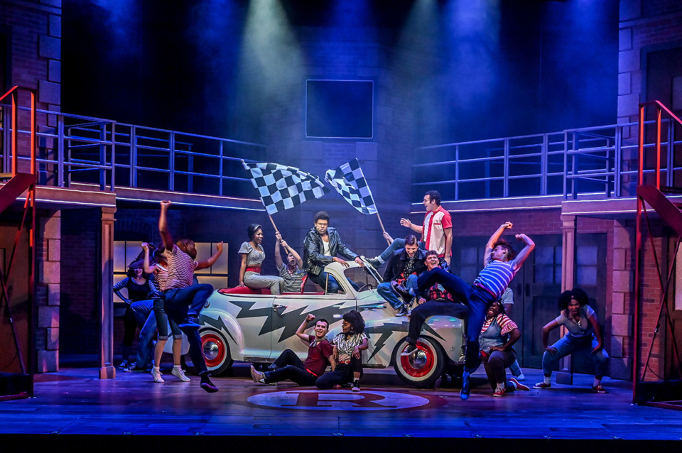 <strong>The cast of &ldquo;Grease&rdquo; performs &ldquo;Greased Lightnin'&rdquo; at Theatre Memphis.</strong>&nbsp;<strong>Center is Justin Raynard Hicks as Kenickie.</strong> (Courtesy Steve Roberts/Theatre Memphis)