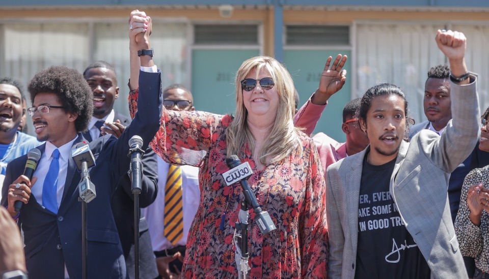 <strong>Tennessee state Reps. Justin Pearson, Gloria Johnson and Justin Jones raise their fists in solidarity at a rally to support the reinstatement of Pearson by the Shelby County Board of Commissioners April 12, 2023.</strong> (Patrick Lantrip/The Daily Memphian file)