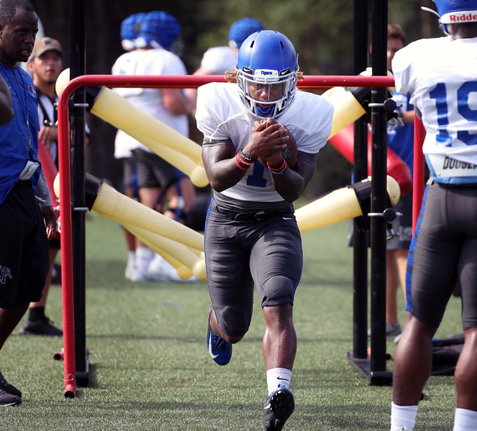 <strong>University of Memphis wide receiver Traveon Samuel (1) runs a drill at the team's South Campus practice facility Wednesday, Aug. 14, 2019.</strong> (Patrick Lantrip/Daily Memphian)