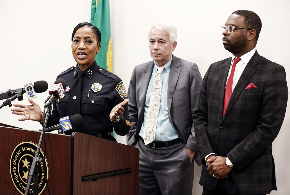 <strong>Memphis Police Department Chief C.J. Davis attends a joint press conference with Shelby County District Attorney General Steve Mulroy and Mayor Paul Young May 2.</strong> (Mark Weber/The Daily Memphian file)