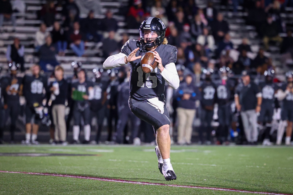 <strong>Houston Mustangs quarterback Chandler Day (15) plays during the playoff game between Dickson County and the Houston Mustangs Nov. 3, 2023.</strong> (Wes Hale/Special to The Daily Memphian)