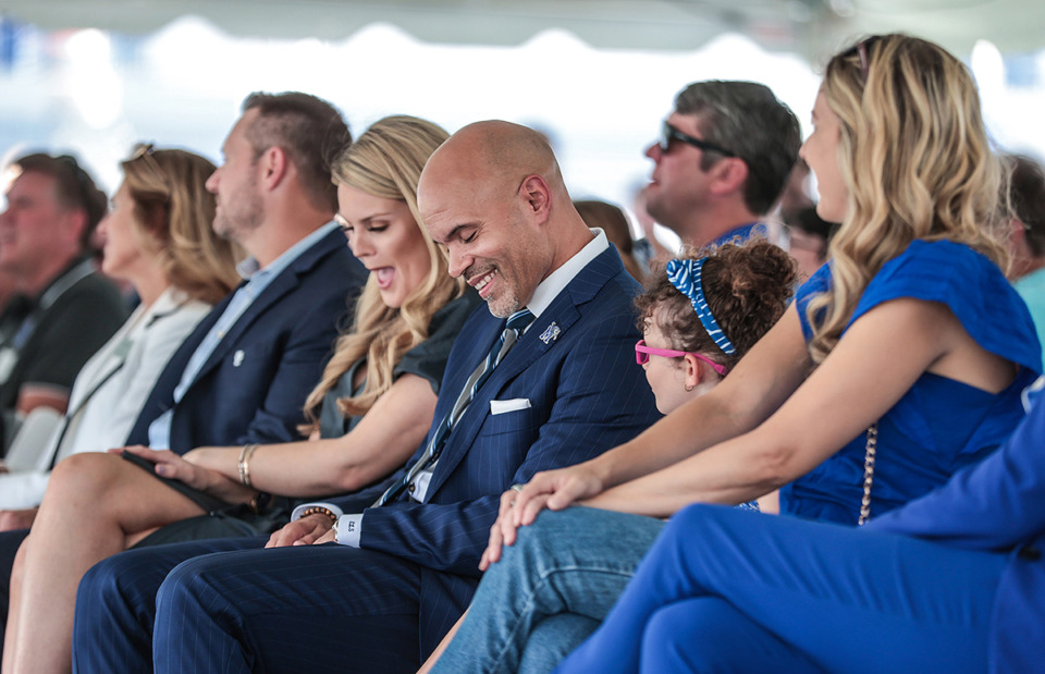 <strong>University of Memphis athletic director Ed Scott laughs during a groundbreaking ceremony at Simmons Bank Liberty Stadium Aug. 22.</strong> (Patrick Lantrip/The Daily Memphian)