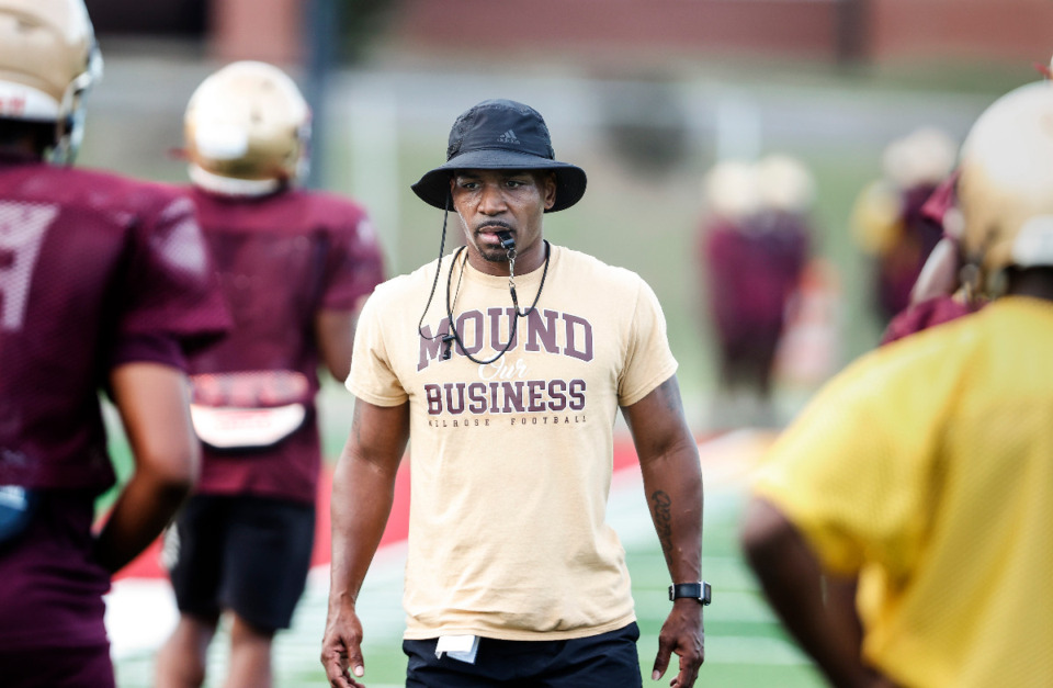 <strong>New Melrose football co-head coach Gerald Morrow during practice on Wednesday, July 17, 2024. Morrow&rsquo;s Golden Wildcats won Saturday&rsquo;s Soul Bowl against East High, 20-7.</strong> (Mark Weber/The Daily Memphian)