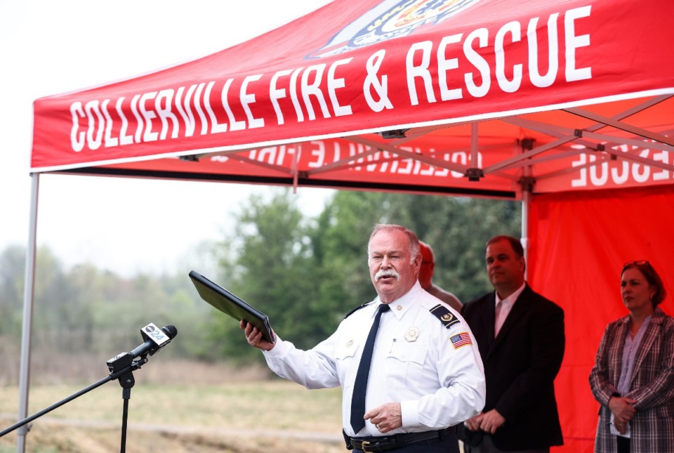 <strong>Collierville Fire Chief John Selberg speaks during a ground breaking for Collierville&rsquo;s new Firehouse 6 on Monday, April 1, 2024.</strong> (Mark Weber/The Daily Memphian file)