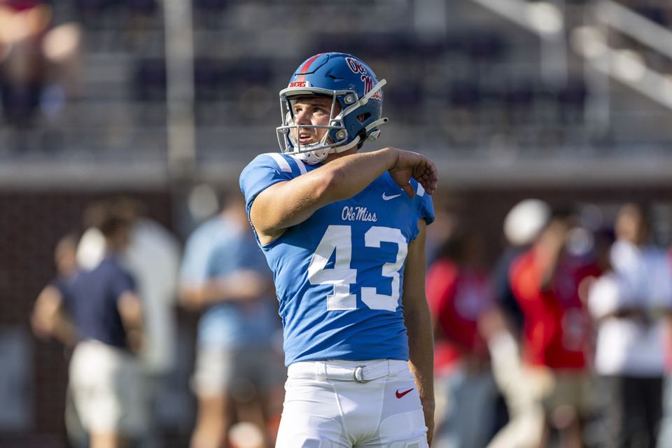 <strong>Mississippi kicker Caden Costa (43) before an NCAA football game on Saturday, Sept. 30, 2023, in Oxford, Miss.</strong> (Vasha Hunt/AP file)