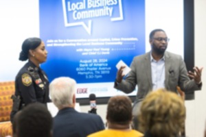 <strong>Interim Police Chief C.J. Davis, left, and Memphis Mayor Paul Young, right, discuss crime at a forum hosted by Bank of America on Wednesday, Aug. 28, 2024.</strong> (Brad Vest/Special to The Daily Memphian)