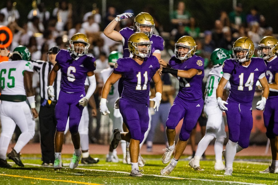 <strong>Christian Brothers high school linebacker Tyler Brown (#11) celebrates during the first half of Christian Brothers's game against White Station Aug. 22, 2024.</strong> (Benjamin Naylor/The Daily Memphian)