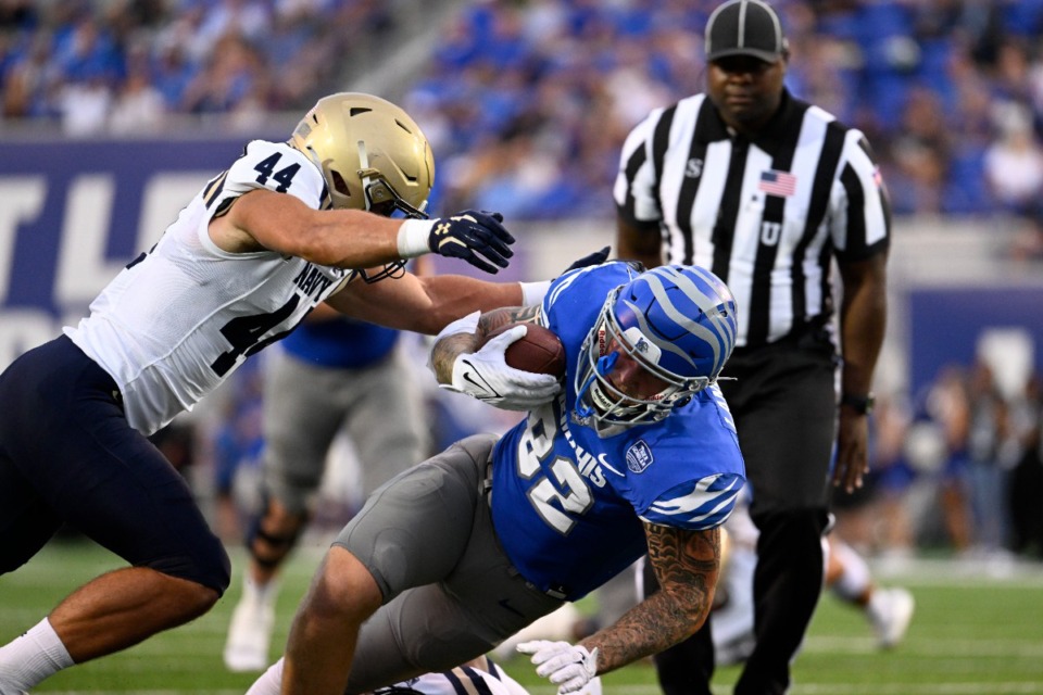 <strong>Memphis tight end Anthony Landphere (82) plays against Navy during an NCAA college football game, Thursday, Sept. 14, 2023, in Memphis, Tenn.</strong> (AP Photo/John Amis)