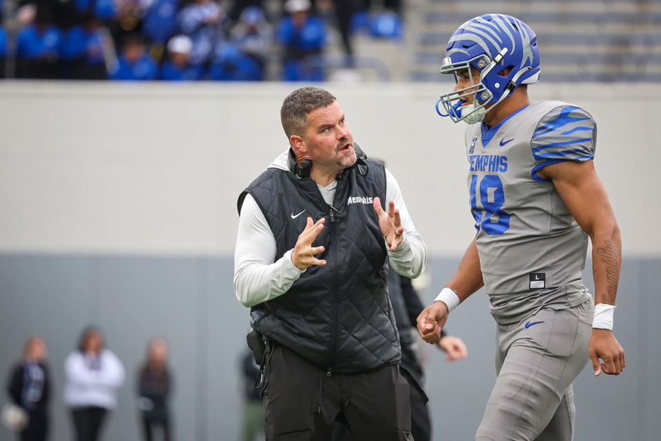 <strong>Memphis Tigers defensive coordinator Jordon Hankins coaches linebacker Jayden Flaker (48) during the spring game at Simmons Bank Liberty Stadium on April 20, 2024.</strong> (Wes Hale/Special to The Daily Memphian file)