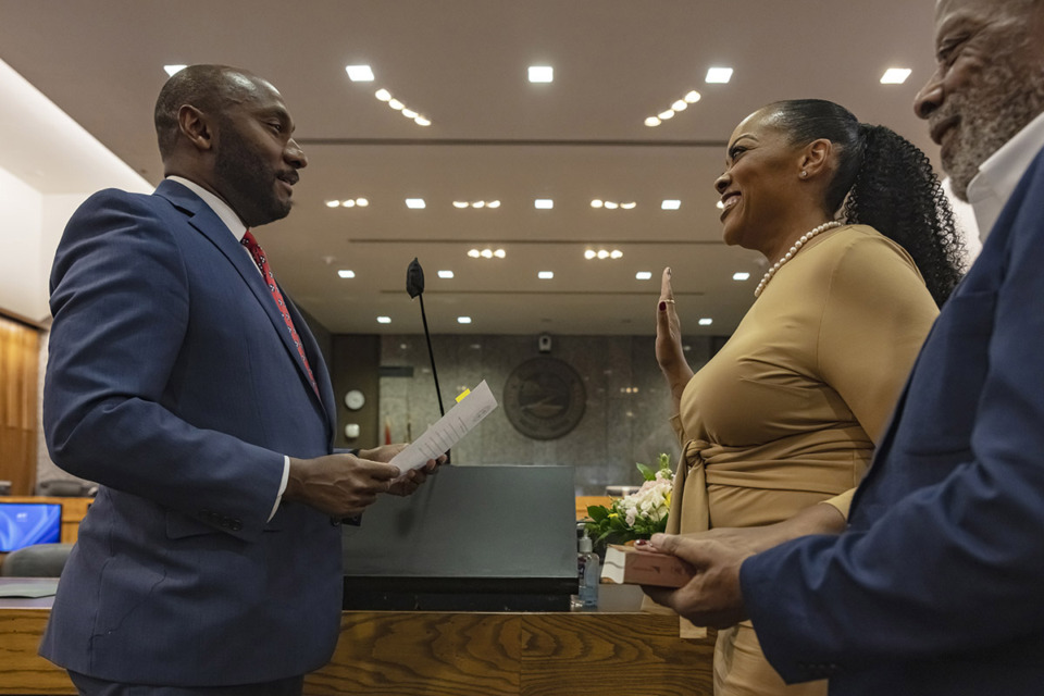 <strong>Shelby County Mayor Lee Harris swears in Tami Sawyer as Shelby County General Sessions Court clerk in Downtown Memphis on Thursday, Aug. 29, 2024.</strong> (Ziggy Mack/Special to The Daily Memphian)