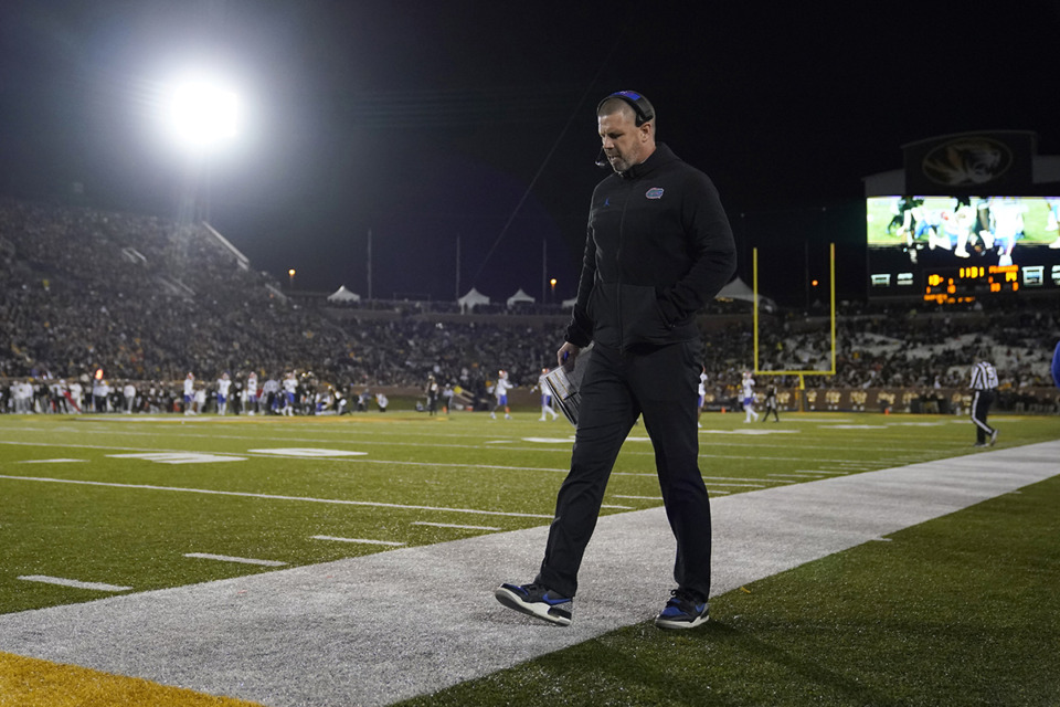 <strong>Florida head coach Billy Napier roams the sidelines during the second half of an NCAA college football game against Missouri Saturday, Nov. 18, 2023, in Columbia, Mo.</strong> (Jeff Roberson/AP file)