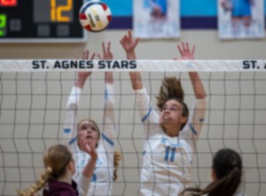 <strong>St. Agnes' Scarlet Malone, left, and Susanna Lyons block a shot from the Collierville Dragons Thursday, Aug. 29 at St. Agnes Academy.</strong> (Greg Campbell/Special to The Daily Memphian)