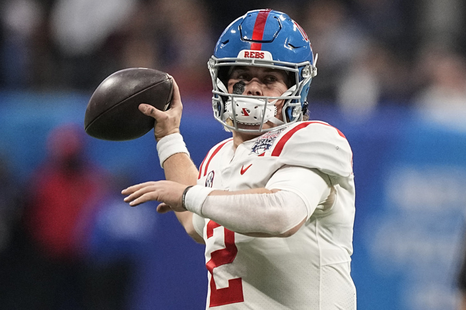 <strong>Mississippi quarterback Jaxson Dart (2) passes against Penn State during the first half of the Peach Bowl NCAA college football game, Saturday, Dec. 30, 2023, in Atlanta.</strong> (Brynn Anderson/AP file)