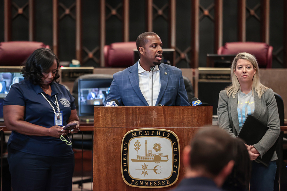 <strong>Memphis City Council Chairman JB Smiley Jr. speaks at an Aug. 30 press conference at Memphis City Hall discussing the lawsuit the council is bringing against the Shelby County Election Commission.</strong> (Patrick Lantrip/The Daily Memphian)