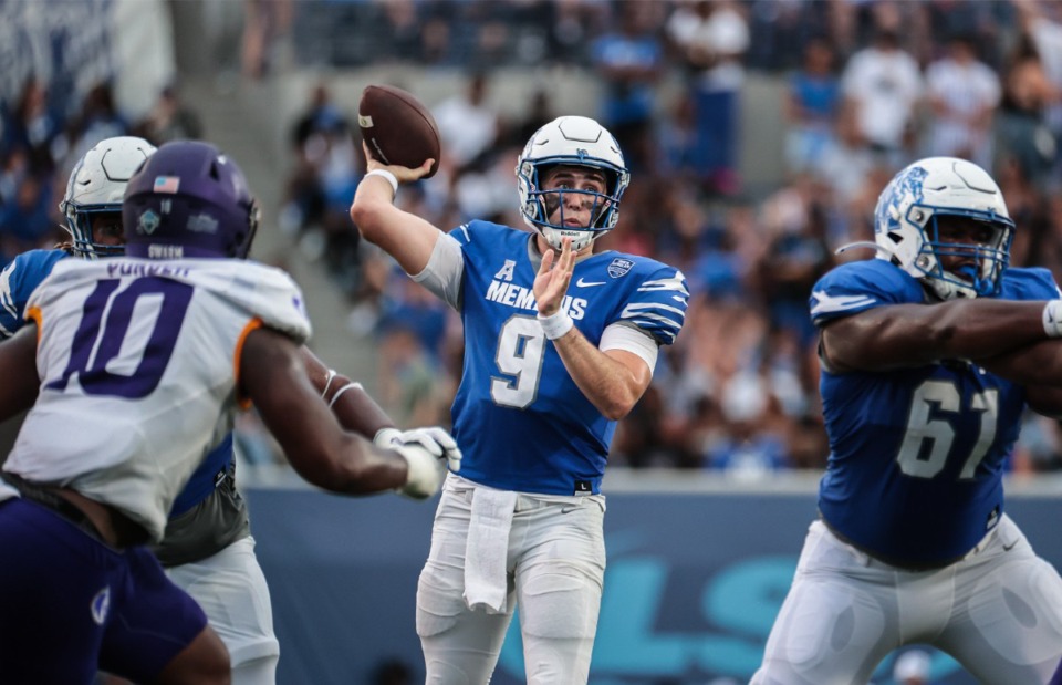 <strong>Memphis quarterback Seth Henigan (9) throws the ball during Saturday&rsquo;s game against North Alabama at Simmons Bank Liberty Stadium.</strong> (Patrick Lantrip/The Daily Memphian)