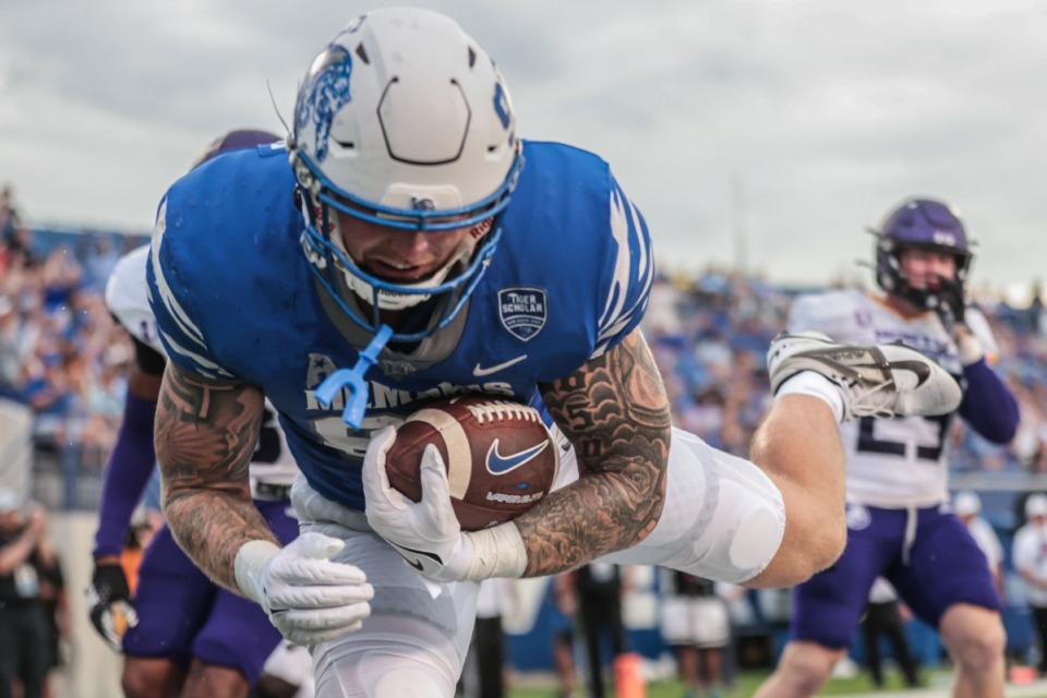 <strong>University of Memphis tight end Anthony Landphere (82) dives in for a touchdown during an Aug. 31, 2024 game against N. Alabama.</strong> (Patrick Lantrip/The Daily Memphian)