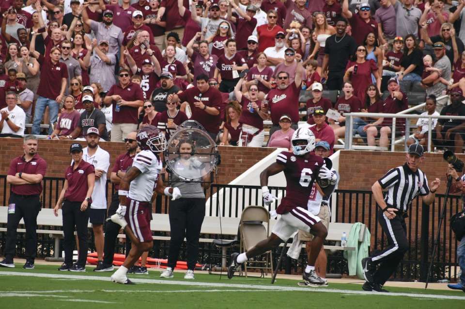 <strong>Mississippi State Receiver Jordan Mosley (6) runs down the sideline during an NCAA college football game Saturday, Aug. 31, 2024, in Starkville, Miss.</strong> (Aimee Cronan/The Gazebo Gazette via AP)