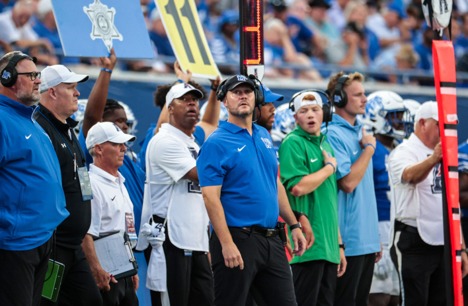 <strong>Memphis head coach Ryan Silverfileld watches his team from the sidelines of an Aug. 31, 2024 game against N. Alabama.</strong> (Patrick Lantrip/The Daily Memphian)