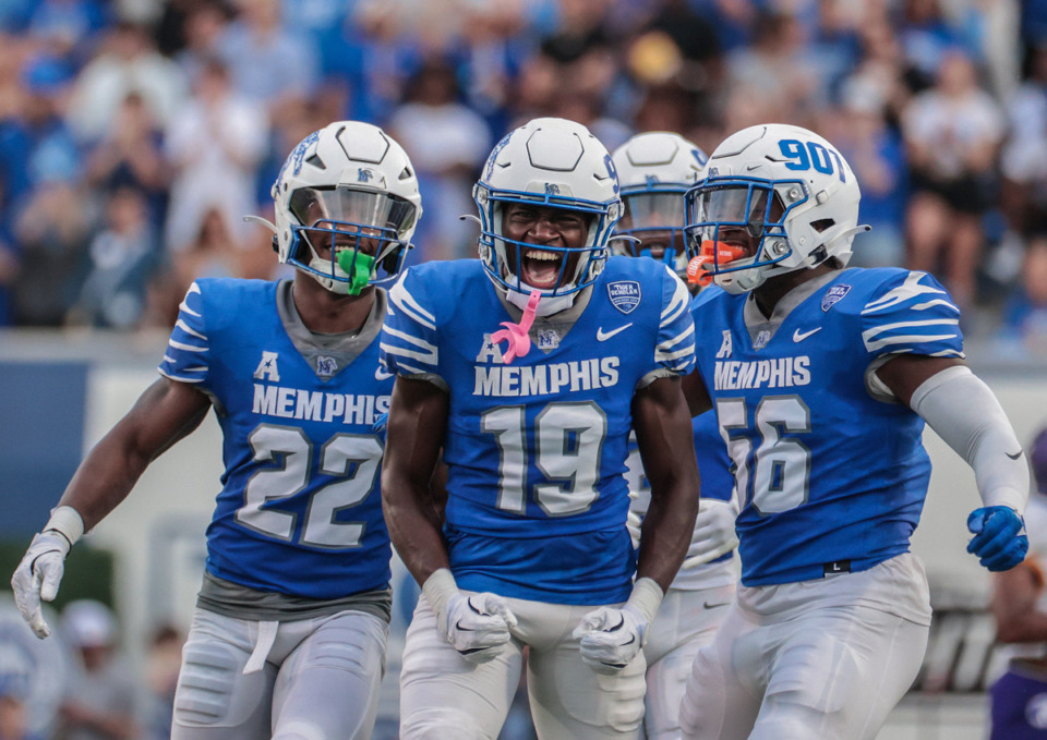 <strong>Memphis defensive back Ethan Wilder (19) celebrates a big play during an Aug. 31, 2024 game against North Alabama.</strong> (Patrick Lantrip/The Daily Memphian)