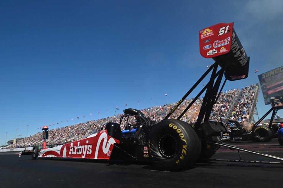 <strong>In this photo provided by the NHRA, Top Fuel's Clay Millican takes down Steve Torrence, Monday, Sept. 2, 2024, at Lucas Oil Indianapolis Raceway Park in Indianapolis to win his first Toyota NHRA U.S. Nationals title.</strong> (Marc Gewertz/NHRA via AP)