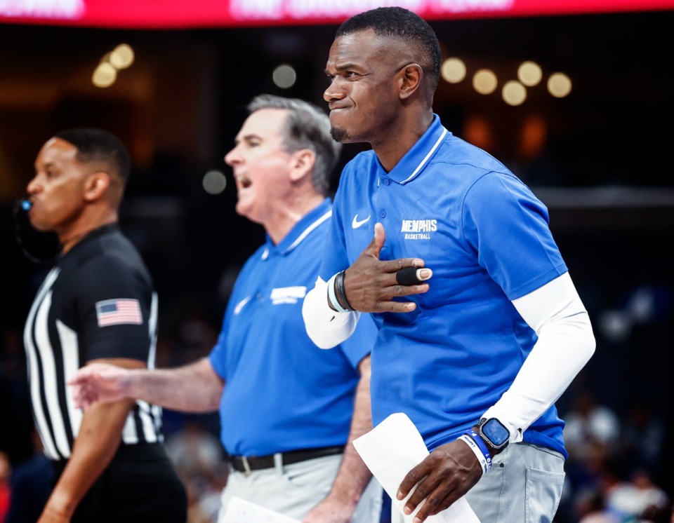 <strong>University of Memphis assistant coach Faragi Phillips on the sidelines during action against Jackson State on Monday Nov. 6, 2023.</strong> (Mark Weber/The Daily Memphian file)&nbsp;