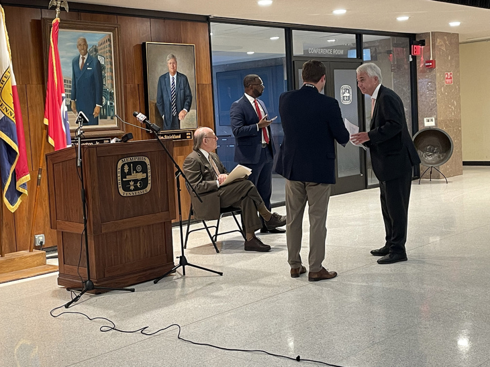 <strong>From left to right: U.S. Rep. Steve Cohen, Memphis Mayor Paul Young, a staff member for Cohen and Shelby County District Attorney General Steve Mulroy gather before announcing $300,000 in funding for the DA's office's victim and witness services. The DA's office applied for the funding in July 2023, and it was granted in August.</strong> (Julia Baker/The Daily Memphian)