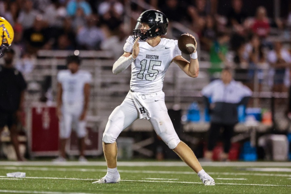 <strong>Chandler Day #15 throws the ball during the first half between Houston High School and DeSoto Central High School in Southaven, MS on Thursday, Aug. 29, 2024.</strong> (Wes Hale/Special to The Daily Memphian)