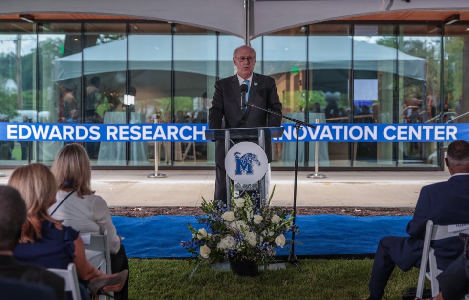 <strong>Doug Edwards, member of the University of Memphis board of trustees and longtime campus supporter, speaks at a ribbon-cutting ceremony at the Edwards Research and Innovation Center Sept. 4, 2024.</strong> (Patrick Lantrip/The Daily Memphian)