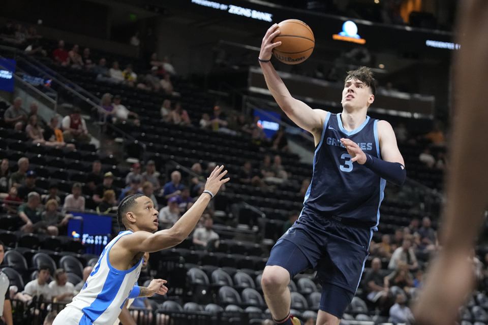 <strong>Memphis Grizzlies forward Jake LaRavia (3) goes to the basket as Oklahoma City Thunder guard Tre Mann defends during the first half of an NBA summer league basketball game Wednesday, July 5, 2023, in Salt Lake City.</strong> (Rick Bowmer/AP Photo)