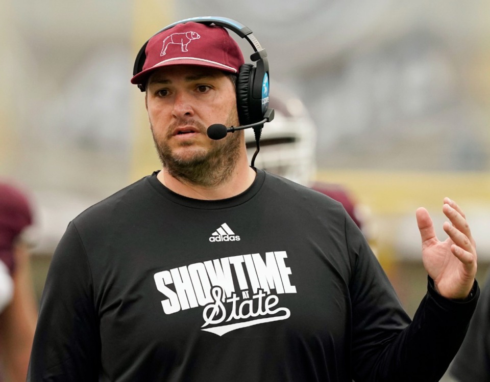 <strong>Mississippi State head coach Jeff Lebby calls to his players during Mississippi State's NCAA college spring football game April 20, 2024, in Starkville, Miss.</strong> (AP Photo/Rogelio V. Solis, File)