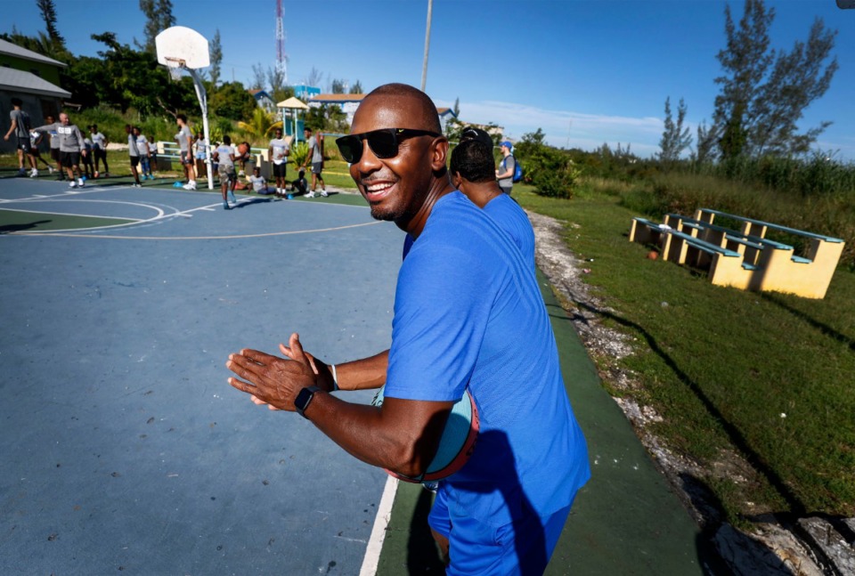 <strong>Memphis Tigers head coach Penny Hardaway cheers during a basketball camp with local youth in the Bozine Town area of Nassau, Bahamas, Aug. 16, 2019.</strong> (Mark Weber/Daily Memphian)