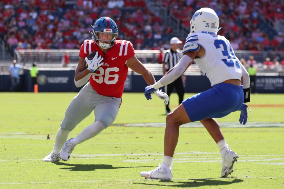 <strong>Mississippi tight end Caden Prieskorn (86) runs the ball after making a catch during the first half of an NCAA college football game against Middle Tennessee, Saturday, Sept. 7, 2024, in Oxford, Miss.</strong> (Randy J. Williams/AP)