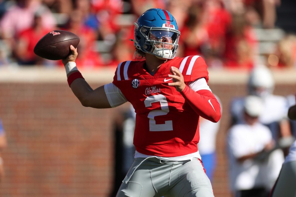 <strong>Ole Miss quarterback Jaxon Dart (2) throws the ball during the first half of an NCAA college football game against Middle Tennessee, Saturday, Sept. 7, 2024, in Oxford, Miss.</strong> (Randy J. Williams/AP)