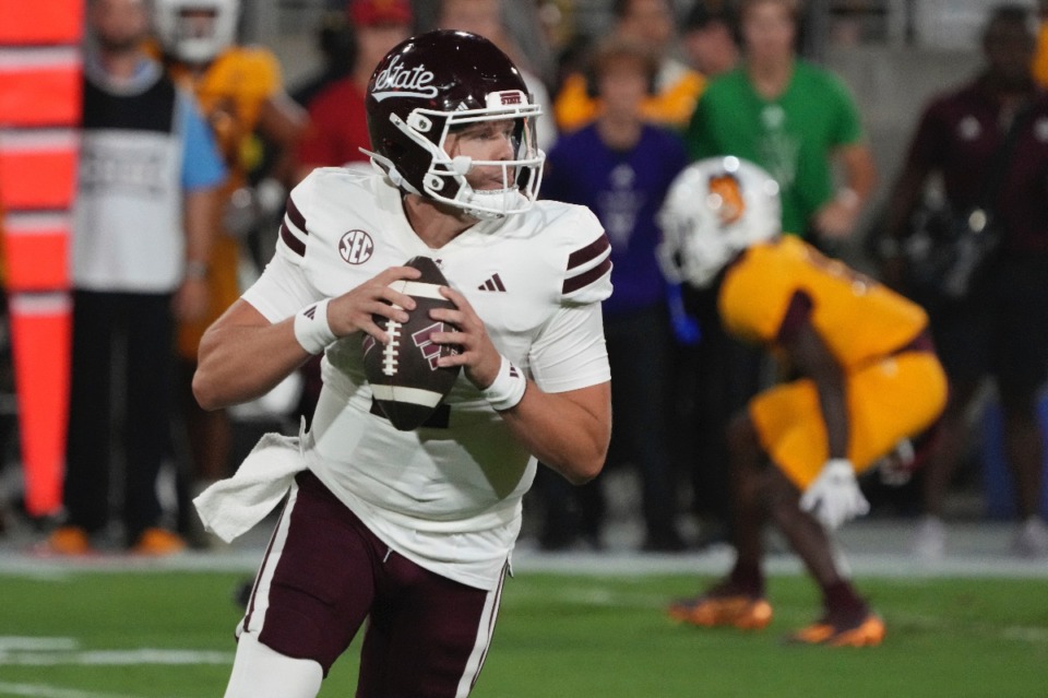 <strong>Mississippi State quarterback Blake Shapen looks to pass against Arizona State in the first half during an NCAA college football game, Saturday, Sept. 7, 2024, in Tempe, Ariz.</strong> (AP Photo/Rick Scuteri)