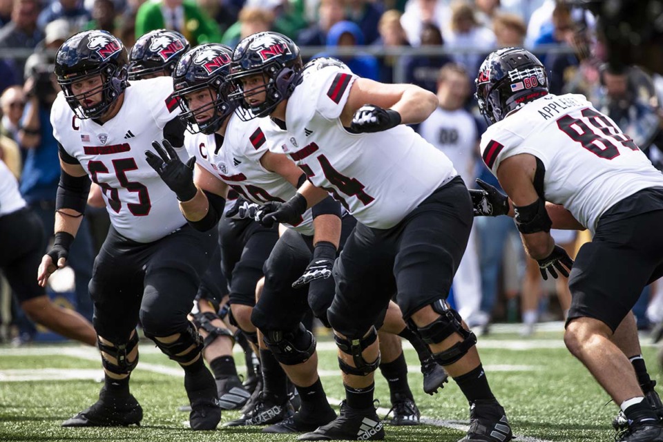 <strong>Northern Illinois offensive players line up for a play during an NCAA college football game against Notre Dame, Saturday, Sept. 7, 2024, in South Bend, Ind. NIU beat Notre Dame 16-14.</strong> (Michael Caterina/AP Photo)