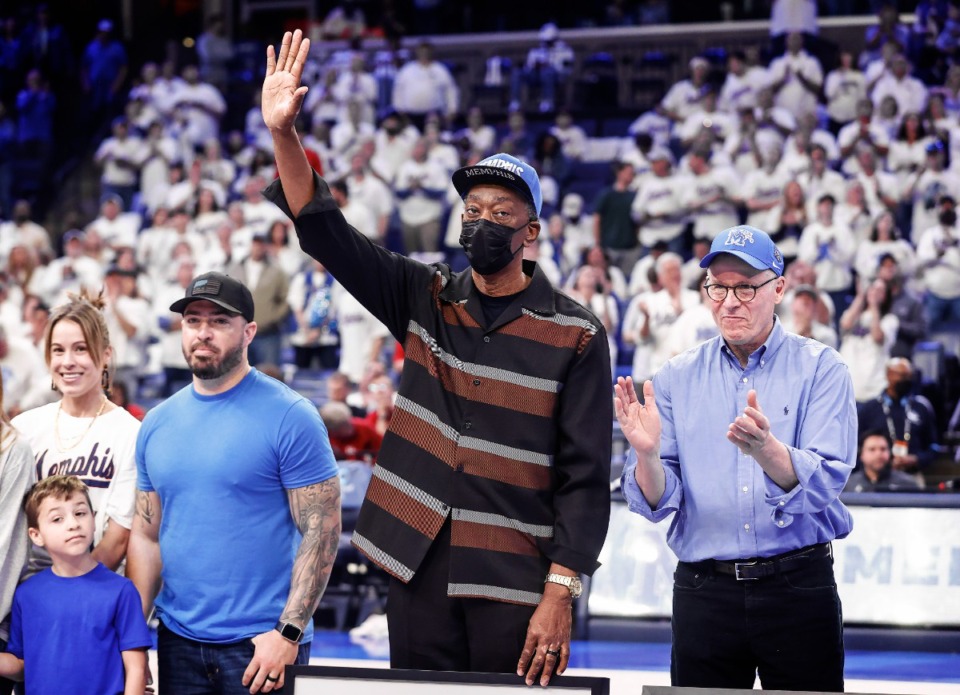 <strong>Clarence Jones (middle) is recognized along side fellow members of the 1972-73 Memphis basketball team March 5, 2023. Jones died Tuesday, Sept. 3.</strong>&nbsp;(Mark Weber/The Daily Memphian file)&nbsp;