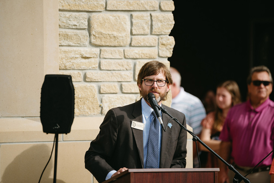 <strong>Superintendent Ted Horrell gave a thank-you speech to all involved in the project at the grand opening of Lakeland Preparatory High School July 30, 2022.</strong> (Lucy Garrett/Special to The Daily Memphian)