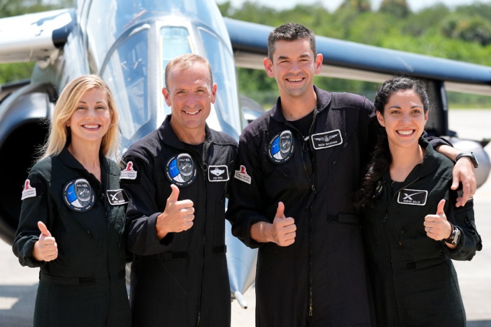 <strong>The Polaris Dawn crew consists of, from left, mission specialist Anna Menon, pilot Scott Poteet, commander Jared Isaacman and mission specialist Sarah Gillis.</strong> (John Raoux/AP)