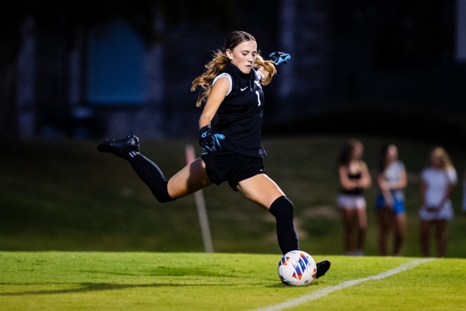 <strong>St. George's goalie Riley Stooksbury kicks the ball during St. George's game against ECS Thursday Sept. 5.</strong> (Benjamin Naylor/The Daily Memphian)