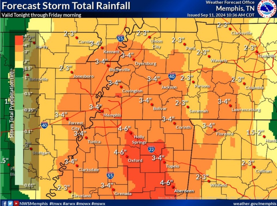 <strong>Memphis could see up to four inches of rain from the remnants of Hurricane Francine.</strong> (National Weather Service-Memphis)