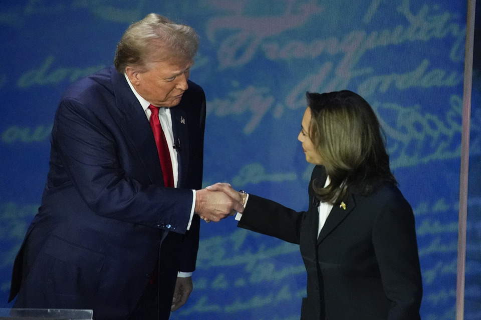 <strong>Republican presidential nominee former President Donald Trump and Democratic presidential nominee Vice President Kamala Harris shake hands before the start of an ABC News presidential debate at the National Constitution Center Sept. 10 in Philadelphia.</strong> (Alex Brandon/AP file)