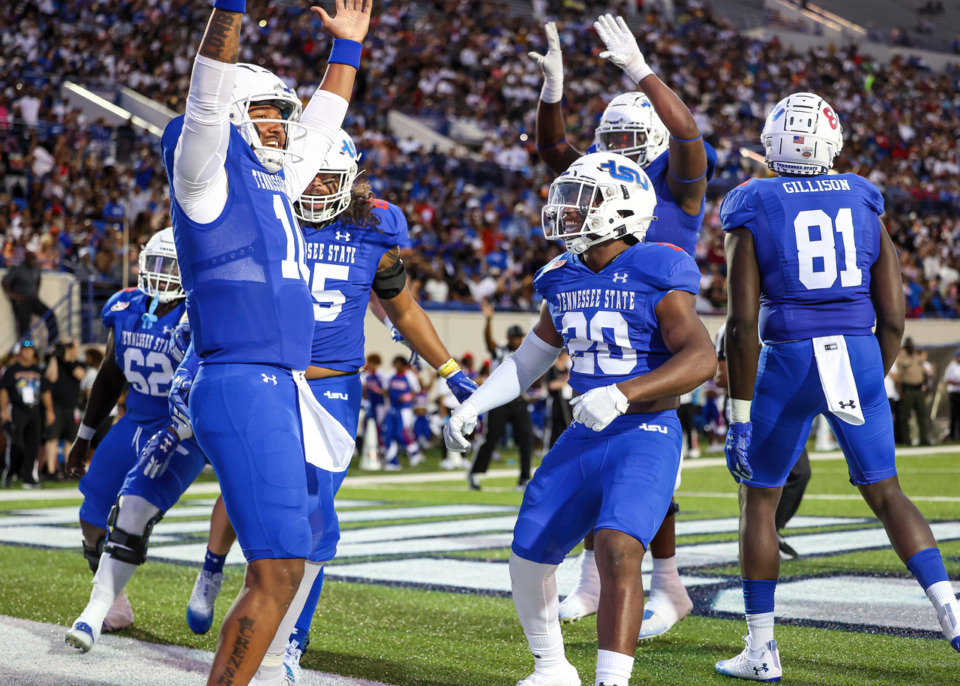 <strong>Tennessee State University players celebrate after a touchdown during the Southern Heritage Classic against University of Arkansas-Pine Bluff, Sept. 9, 2023 at Simmons Bank Liberty Stadium.</strong> (Wes Hale/Special to The Daily Memphian file)