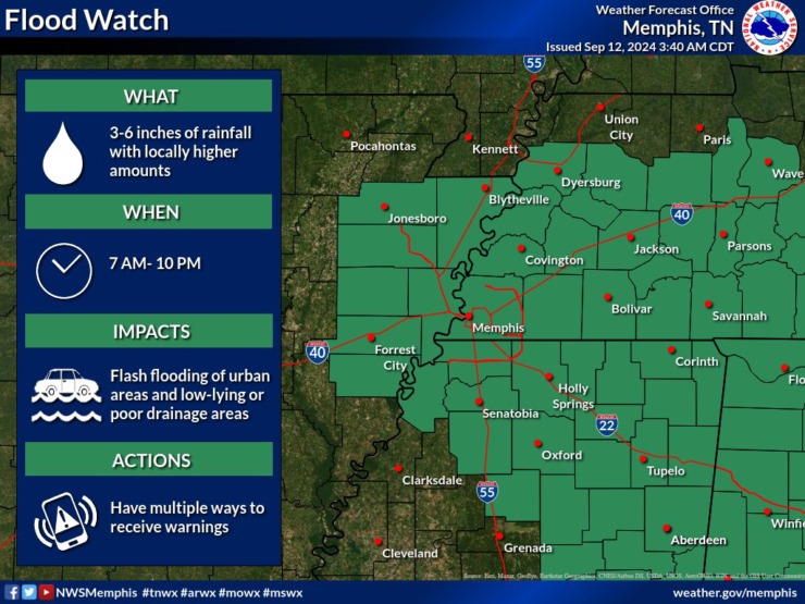 <strong>Flood watch is in effect for the Memphis area</strong>. (National Weather Service - Memphis)