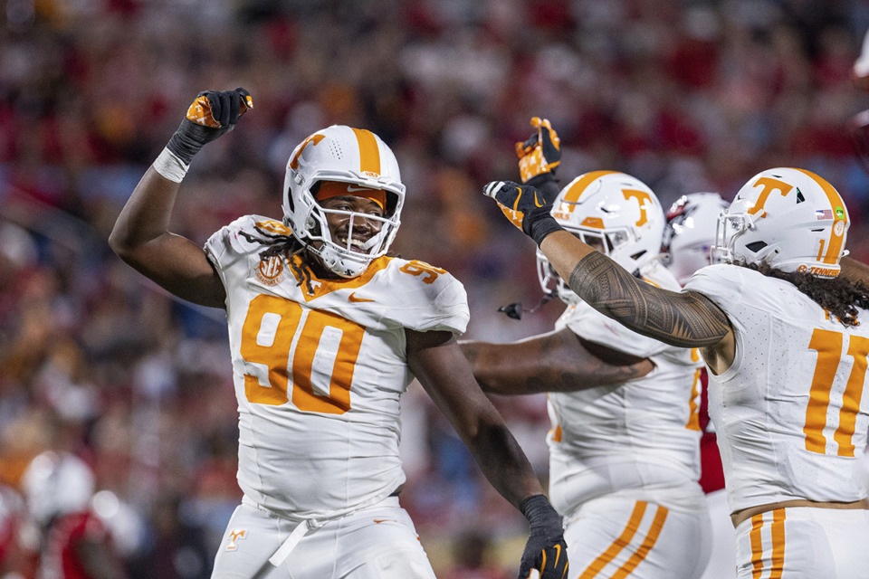 <strong>Tennessee defensive lineman Dominic Bailey (90) celebrates during the second half of an NCAA college football game against North Carolina State, Saturday, Sept. 7, 2024, in Charlotte, N.C.</strong> (Scott Kinser/AP Photo)