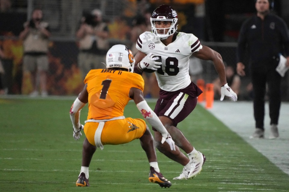 <strong>Mississippi State tight end Seydou Traore (18) rushes against Arizona State, Saturday, Sept. 7, 2024, in Tempe, Ariz.</strong> (Rick Scuteri/AP file)