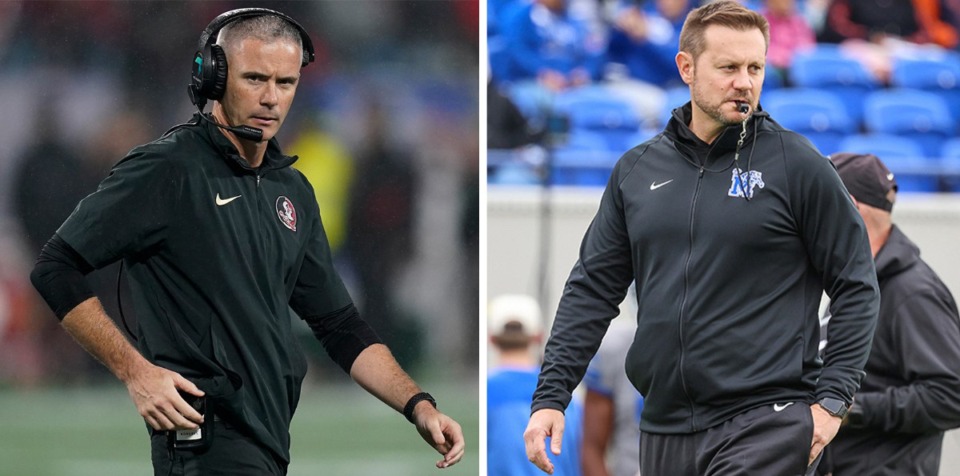 <strong>University of Memphis coach Ryan Silverfield (right) will square off against former Tigers coach Mike Norvell Saturday, Sept. 14 when the Tigers play the Florida State Seminoles.</strong> (The Daily Memphian files)