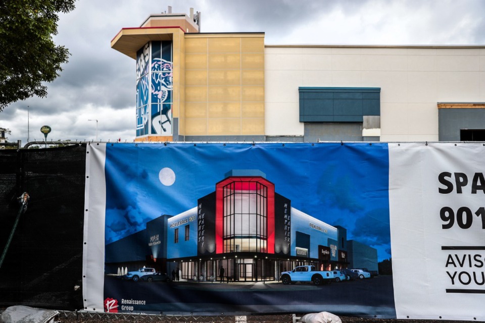 <strong>Renovations to the face of the Poplar Plaza shopping center are underway.</strong> (Patrick Lantrip/The Daily Memphian)