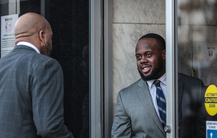 <strong>Tadarrius Bean talks with his attorney before entering the Odell Horton Federal Building for a Sept. 10 court hearing.</strong> (Patrick Lantrip/The Daily Memphian)