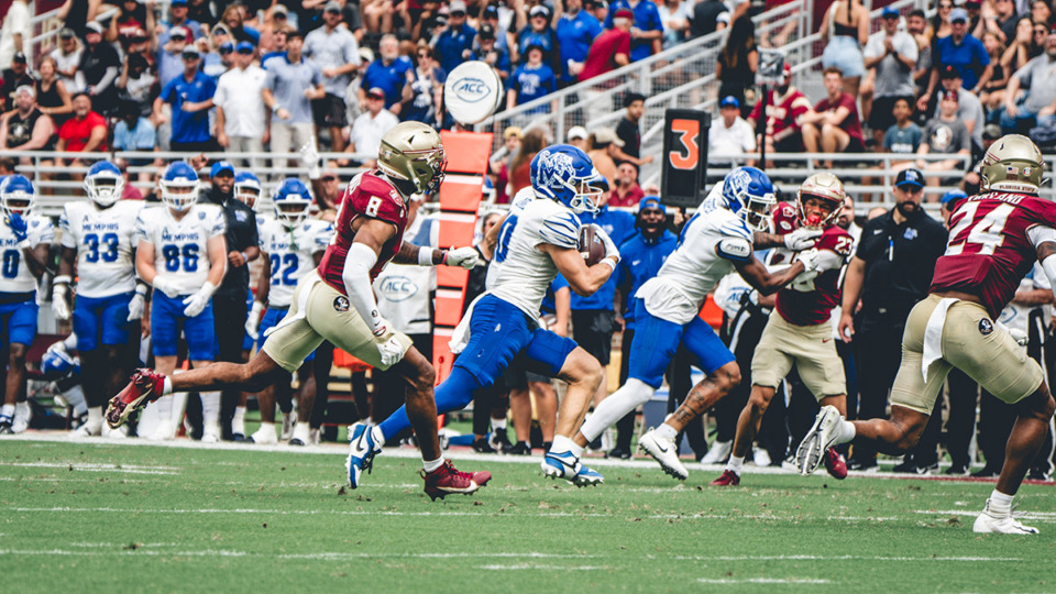 <strong>Memphis wide receiver Kobe Drake runs with the ball during the Memphis Tigers game against Florida State, Sept. 14, 2024, in Tallahassee, Florida.</strong> (Courtesy Memphis Athletics)