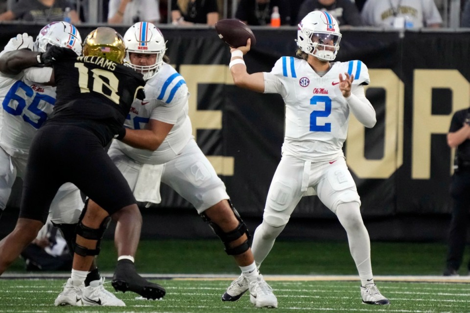 <strong>Mississippi quarterback Jaxson Dart (2) looks to pass against Wake Forest during the first half of an NCAA college football game in Winston-Salem, N.C., Saturday, Sept. 14, 2024</strong>. (Chuck Burton/AP)